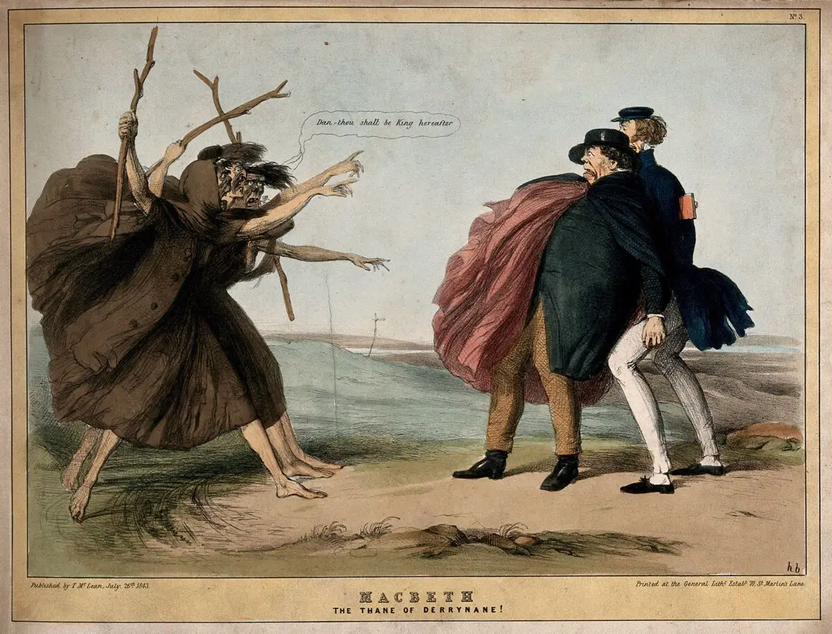On a windswept heath, three witches prophesy to an aghast Daniel O' Connell. Coloured lithograph by h.b. (unknown artist), 1843. by h