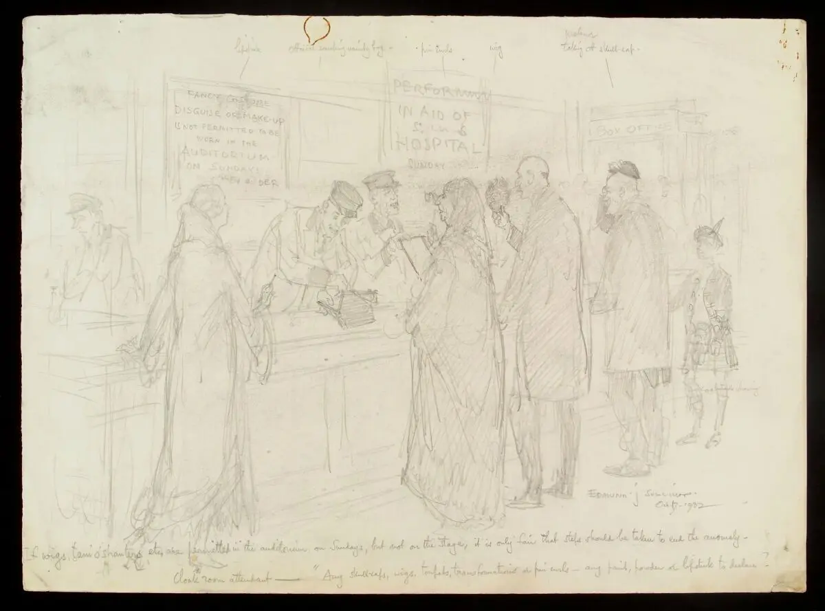 Hospital Sunday: at the entrance to a theatre, the audience are required to surrender their wigs, lipstick, etc. Drawing by Edmund J. Sullivan, 1932. by Edmund Joseph Sullivan