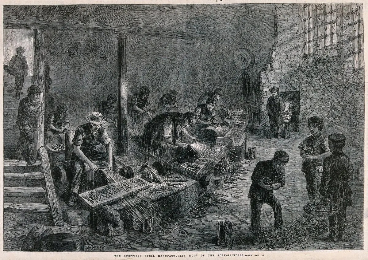 Men and boys working in a fork-grinding factory in Sheffield. Wood engraving by M. Jackson after J. Palmer, 1866. by Palmer, John, active 1856-1887