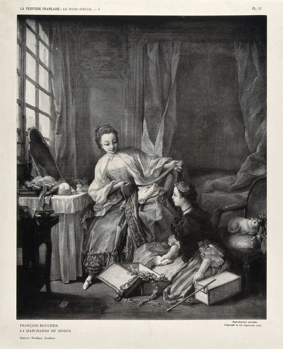 A woman sitting next to her dressing table being shown fashion accessories by a fashion seller sitting at her feet. Photogravure, 1912, by C. Eggimann after F. Boucher. by François Boucher