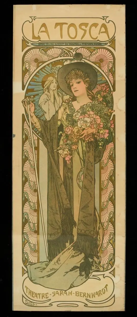 Sarah Bernhardt in the role of La Tosca. Colour lithograph by A. Mucha, 1899. by Alphonse Mucha