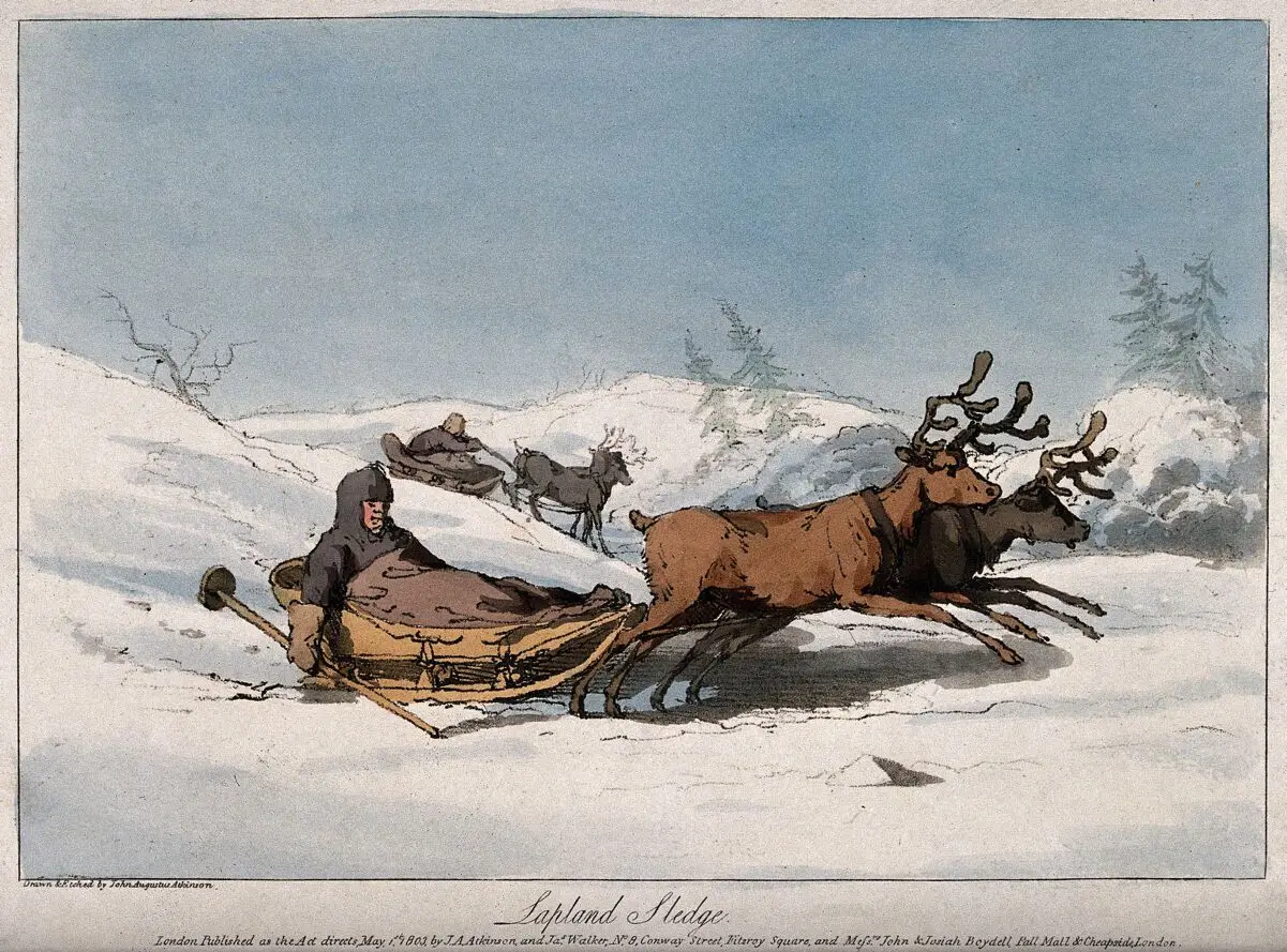Reindeer pulling children in sledges in Lapland. Coloured aquatint with etching by J.A. Atkinson. by Atkinson, John Augustus, 1775-approximately 1833.