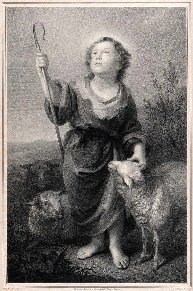 The Christ Child as the Good Shepherd. Lithograph by R. Leiter after T. Kammerer after B.E. Murillo. by Bartolomé Esteban Murillo