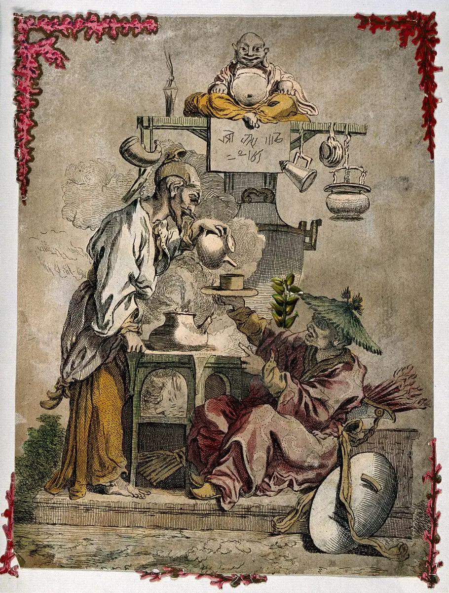A man pours tea for a resting Chinese warrior as a kettle steams on the stove beside them. Coloured etching with ornamentation after F. Boucher, early 18th century. by François Boucher