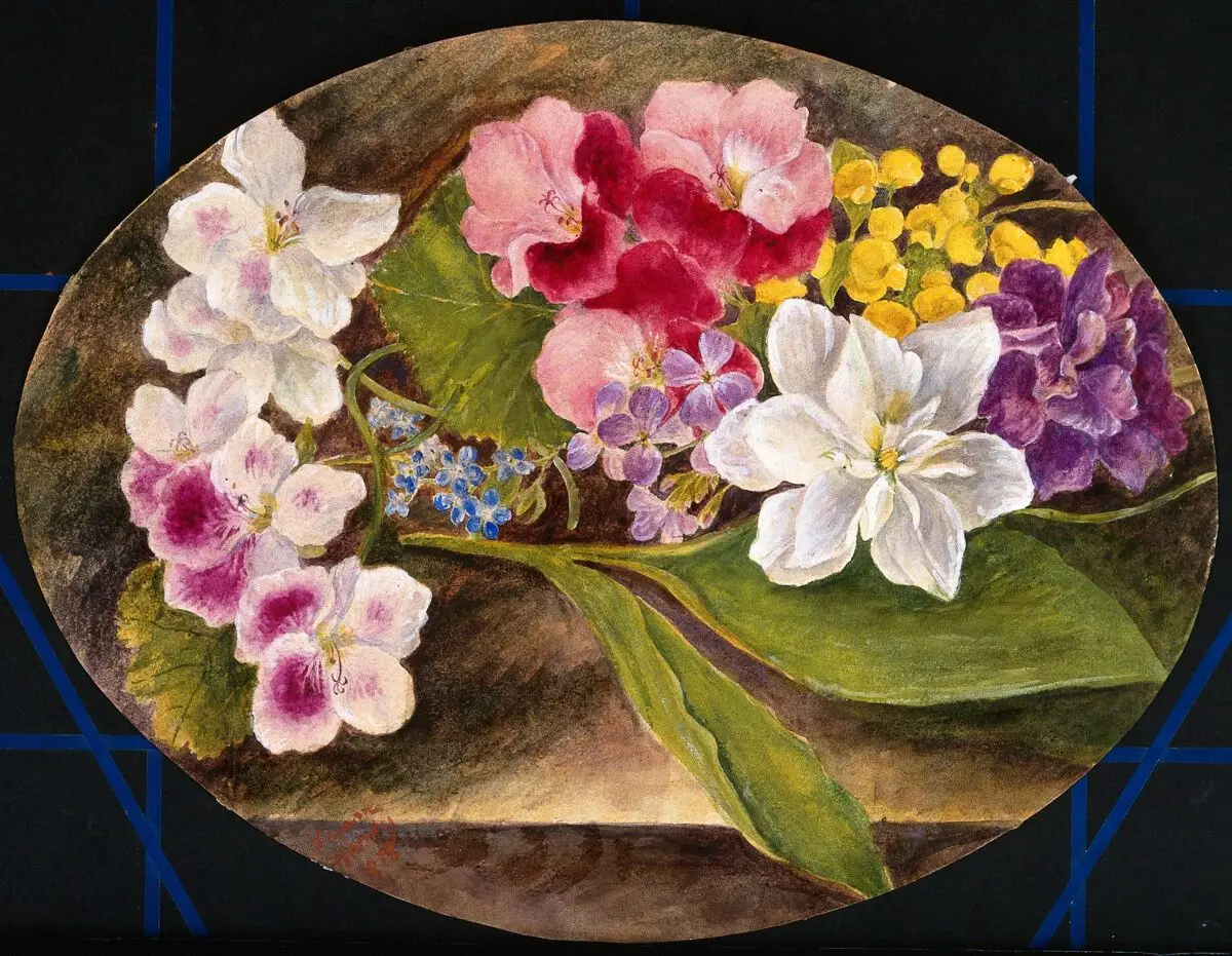 Flowers and leaves in a still-life. Watercolour by L. Handy(?), 1878. by Handy, Laura.