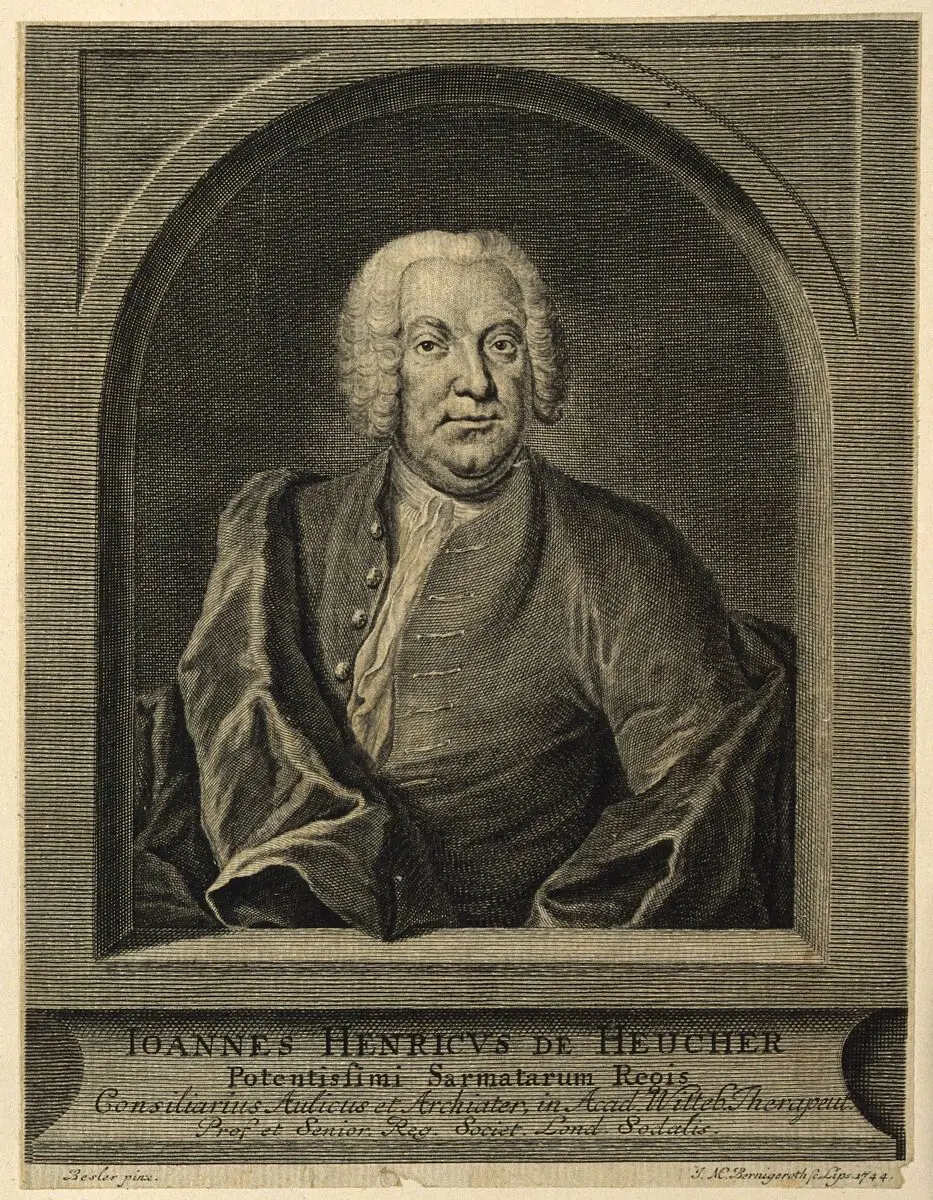 Johann Heinrich Heucher. Engraving by J. M. Bernigeroth, 1744, after J. C. Besler. by Besler, Johann Christian, 1716-1786.
