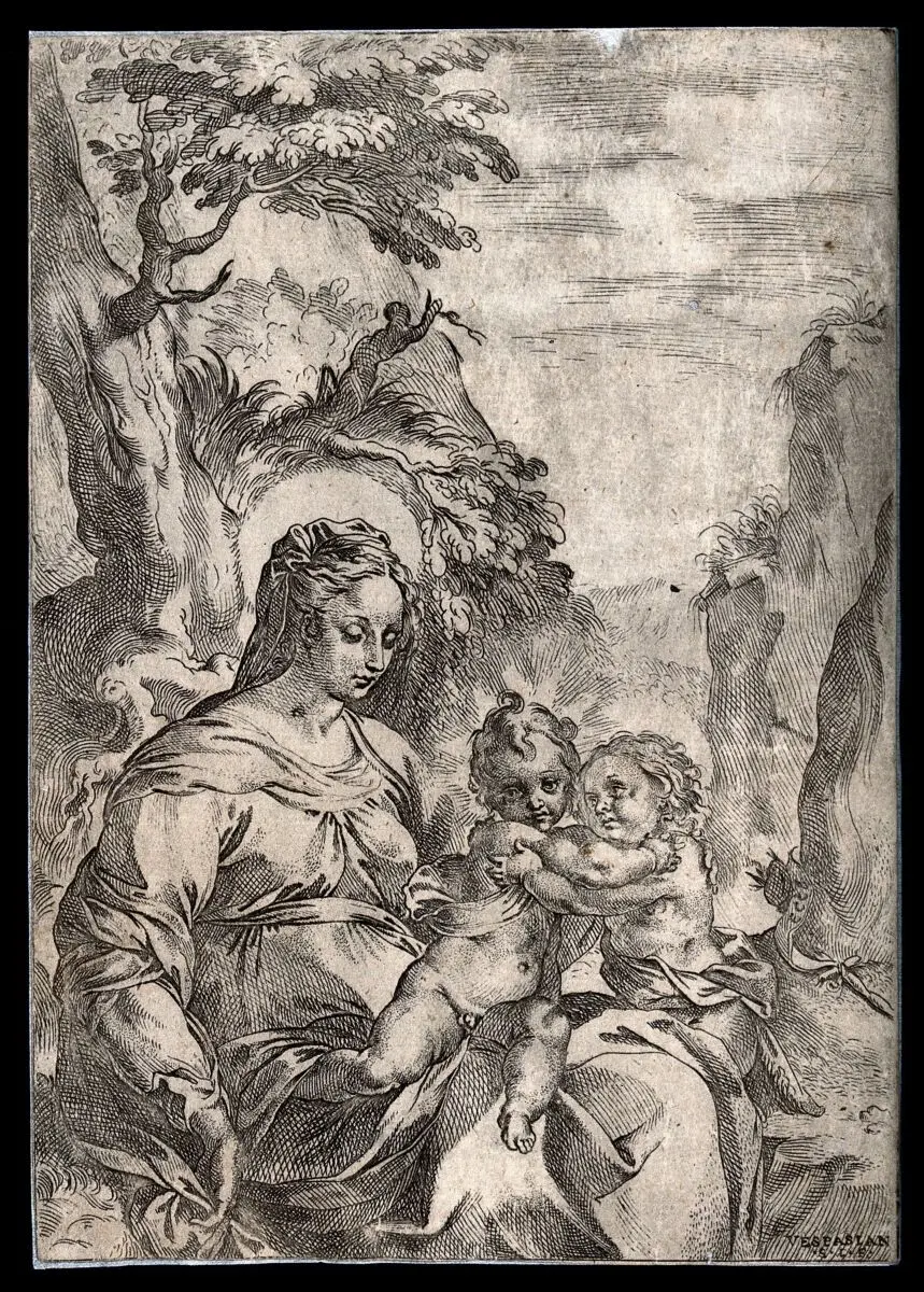 Saint Mary (the Blessed Virgin) with the Christ Child and Saint John the Baptist. Etching by V. Strada. by Strada