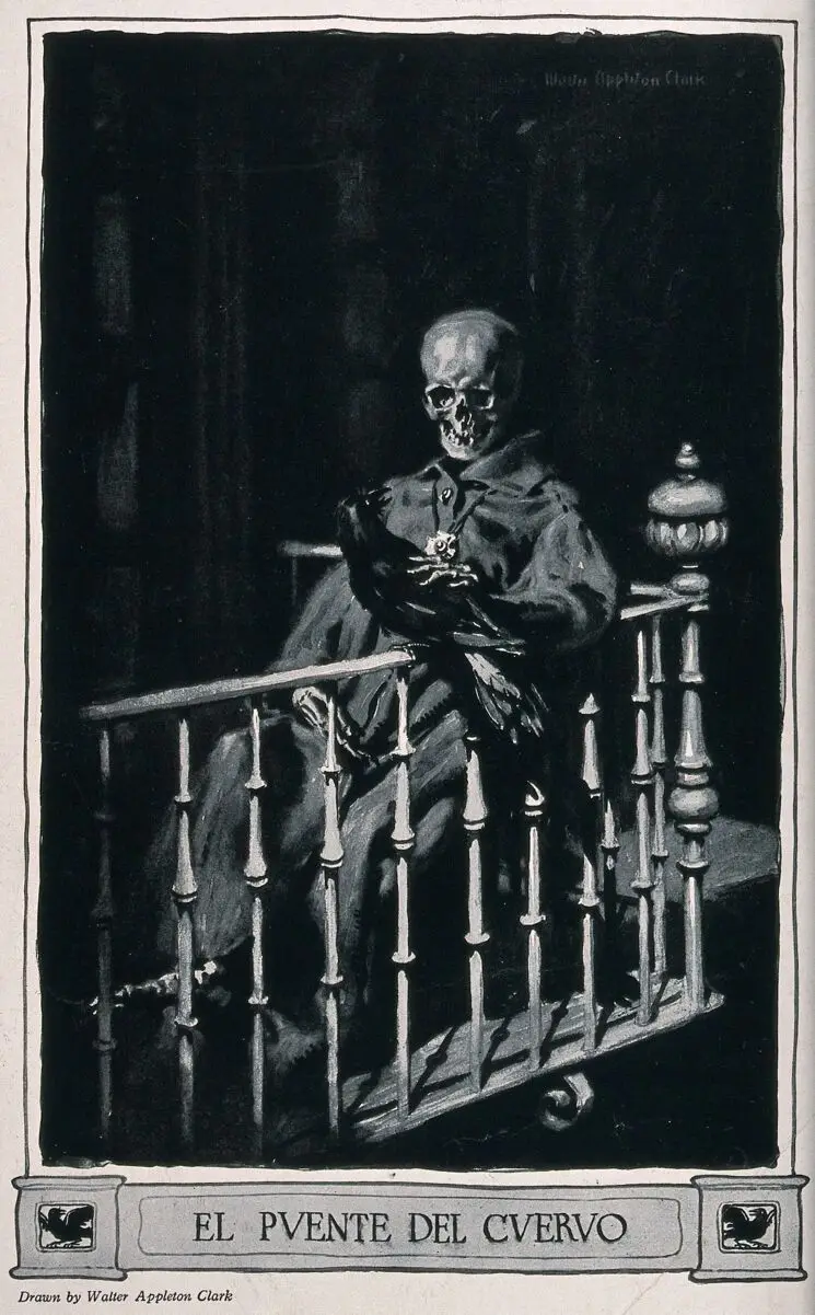 A skeleton dressed in a coat sits on a balcony and strokes a raven. Process print after Walter Appleton Clark. by Clark, Walter Appleton.
