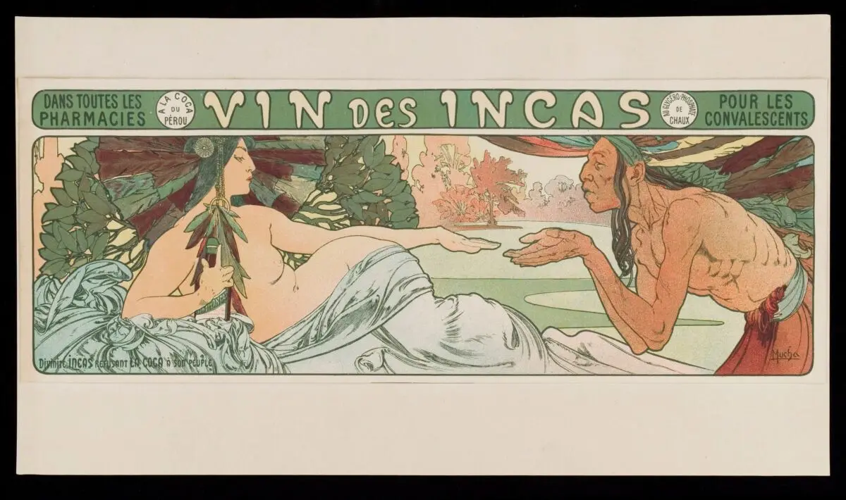 An Inca man requests a goddess of the Incas to hand over coca, but she refuses, holding a bottle of coca wine for herself. Colour lithograph by A. Mucha, 189-. by Alphonse Mucha