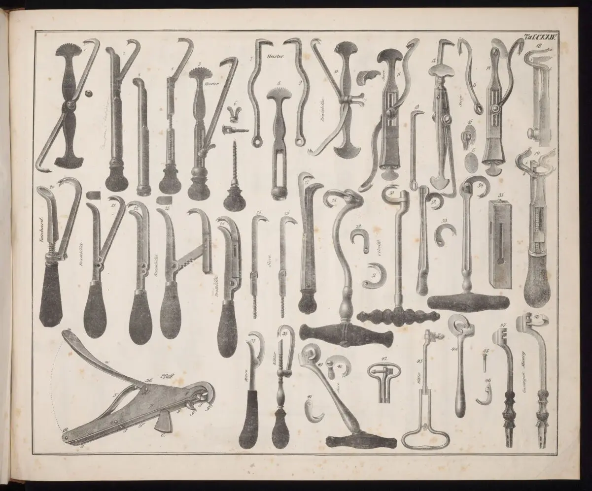 A variety of dental pelicans and other dental instruments by Unknown artist