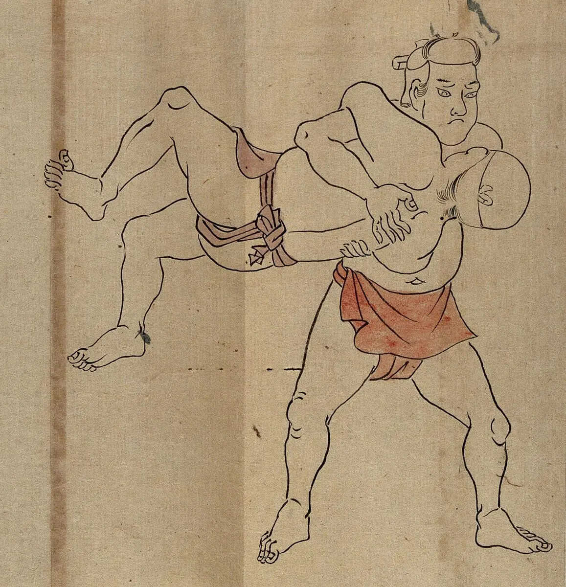 A Japanese wrestling position. Woodcut by a Japanese artist. by a