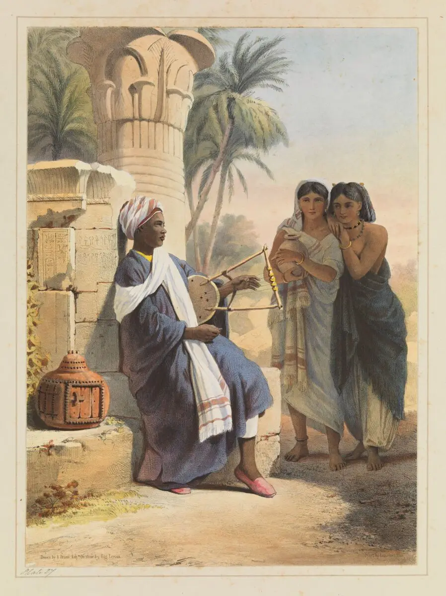 Berberi playing on the kisirka to women of the same tribe. In Oriental album : characters, costumes, and modes of life, in the valley of the Nile / with descriptive letter-press by James Augustus St. John ; illustrated from designs taken on the spot by E. Prisse. by James Augustus St
