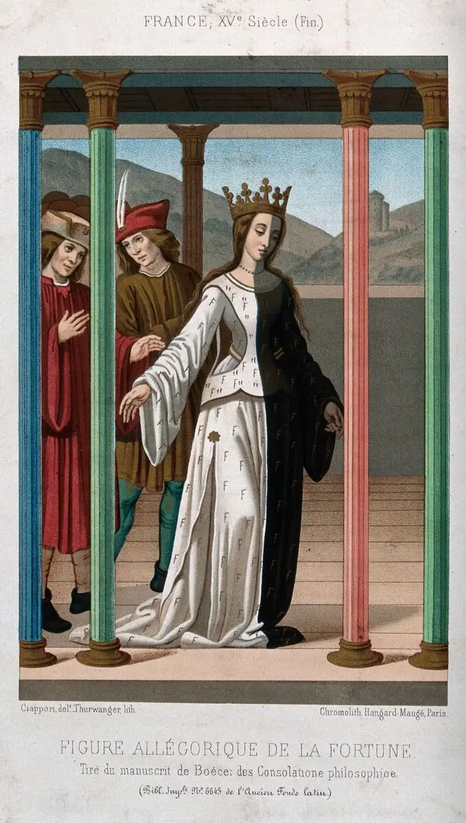 A woman wearing a crown and a dress covered with the letter F, walks inside an open loggia where she is followed by two men; representing Fortune. Chromolithograph by Thurwanger after C. Ciappori after an unidentified artist. by Boethius