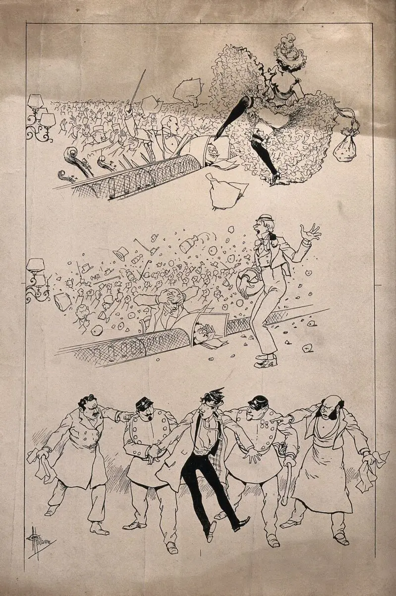 A prompter in a music hall enjoys watching a woman can-can dancer, tells an unpopular man entertainer to get off the stage, and is finally arrested at the request of two dissatisfied men. Process print after Albert Guillaume. by Albert Guillaume
