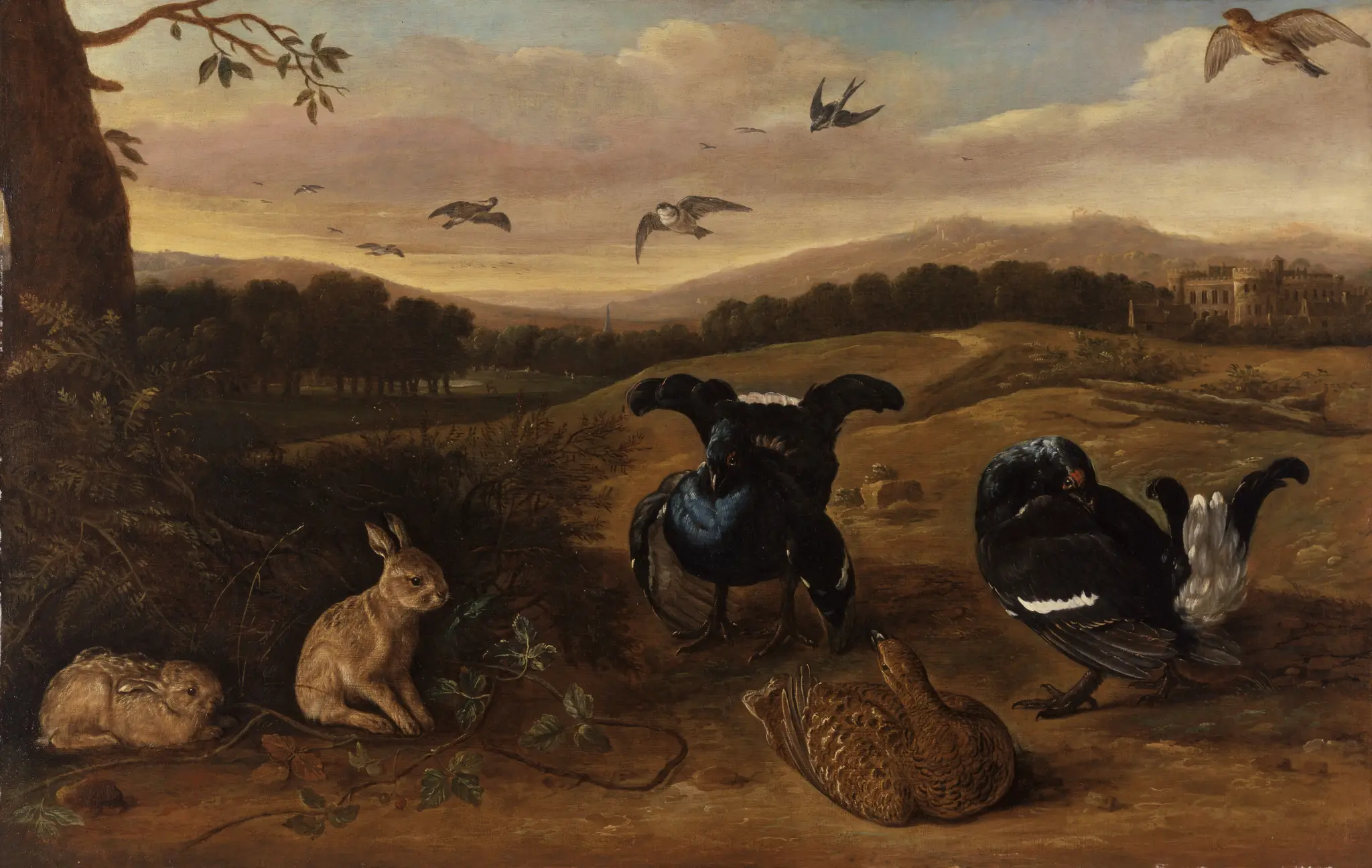 Black Game, Rabbits, and Swallows in a Park by Leonard Knyff, 1650–1721