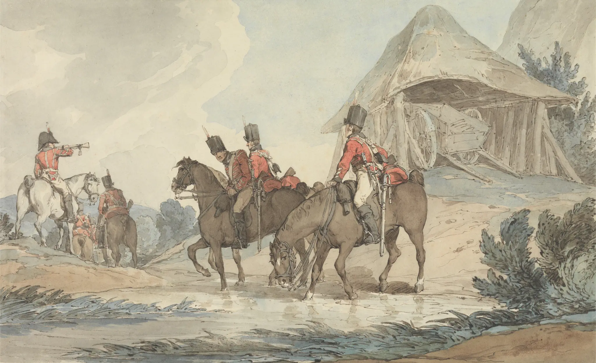 Cavalrymen Passing Through a Stream, Being Mustered by a Trumpeter by John Augustus Atkinson, 1775–1831