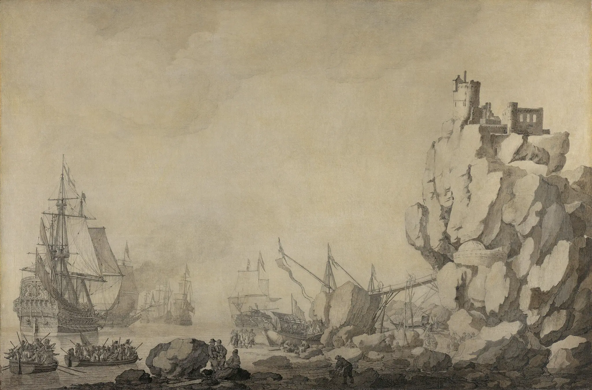 Ships and Militia by a Rocky Shore by Willem van de Velde the Elder, ca. 1611–1693