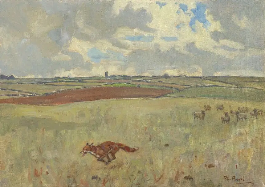 A Fox on the Run - Gidding Windmill in the Distance by Peter Biegel, 1913–1988