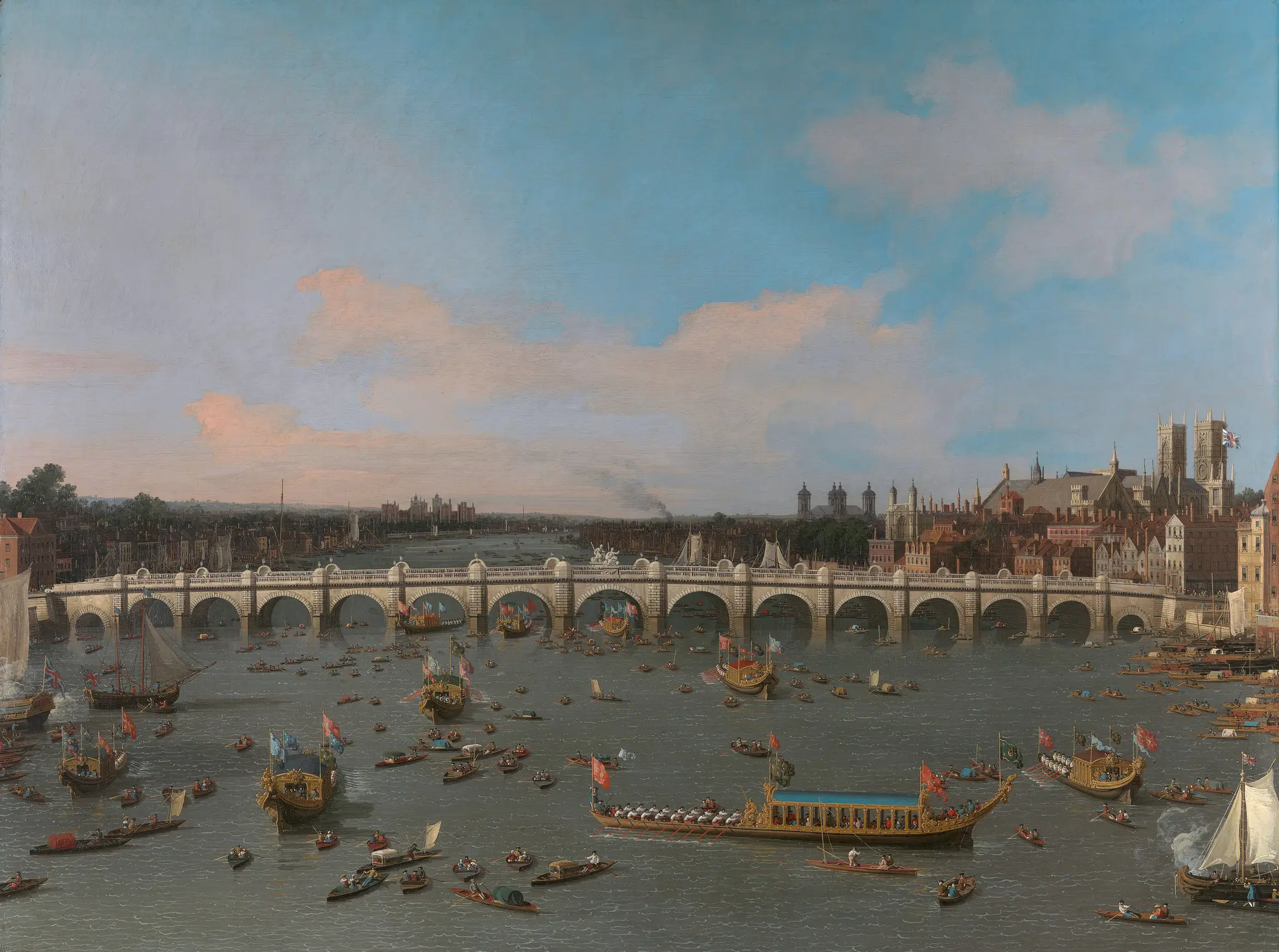 Westminster Bridge, with the Lord Mayor's Procession on the Thames by Canaletto, 1697–1768