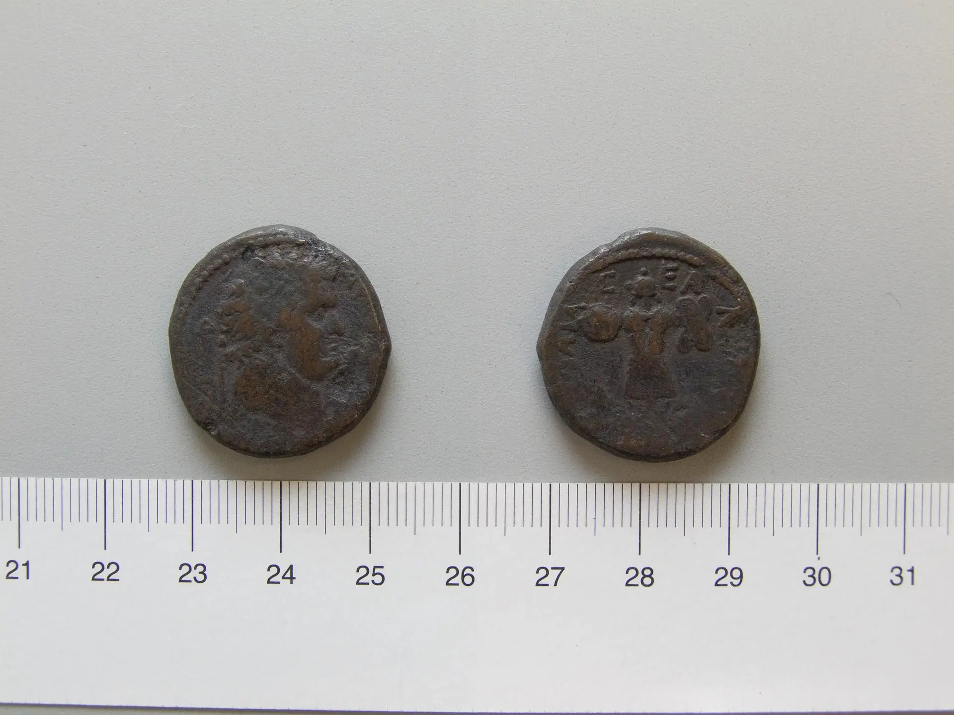 Coin of Vespasian, Emperor of Rome from Caesarea Maritima by Artist: Unknown//Mint: Caesarea Maritima//Honorand: Titus, Emperor of Rome, A.D. 39–81, ruled 79–81//Ruler: Vespasian, Emperor of Rome, A.D. 9–79, ruled A.D. 69–79