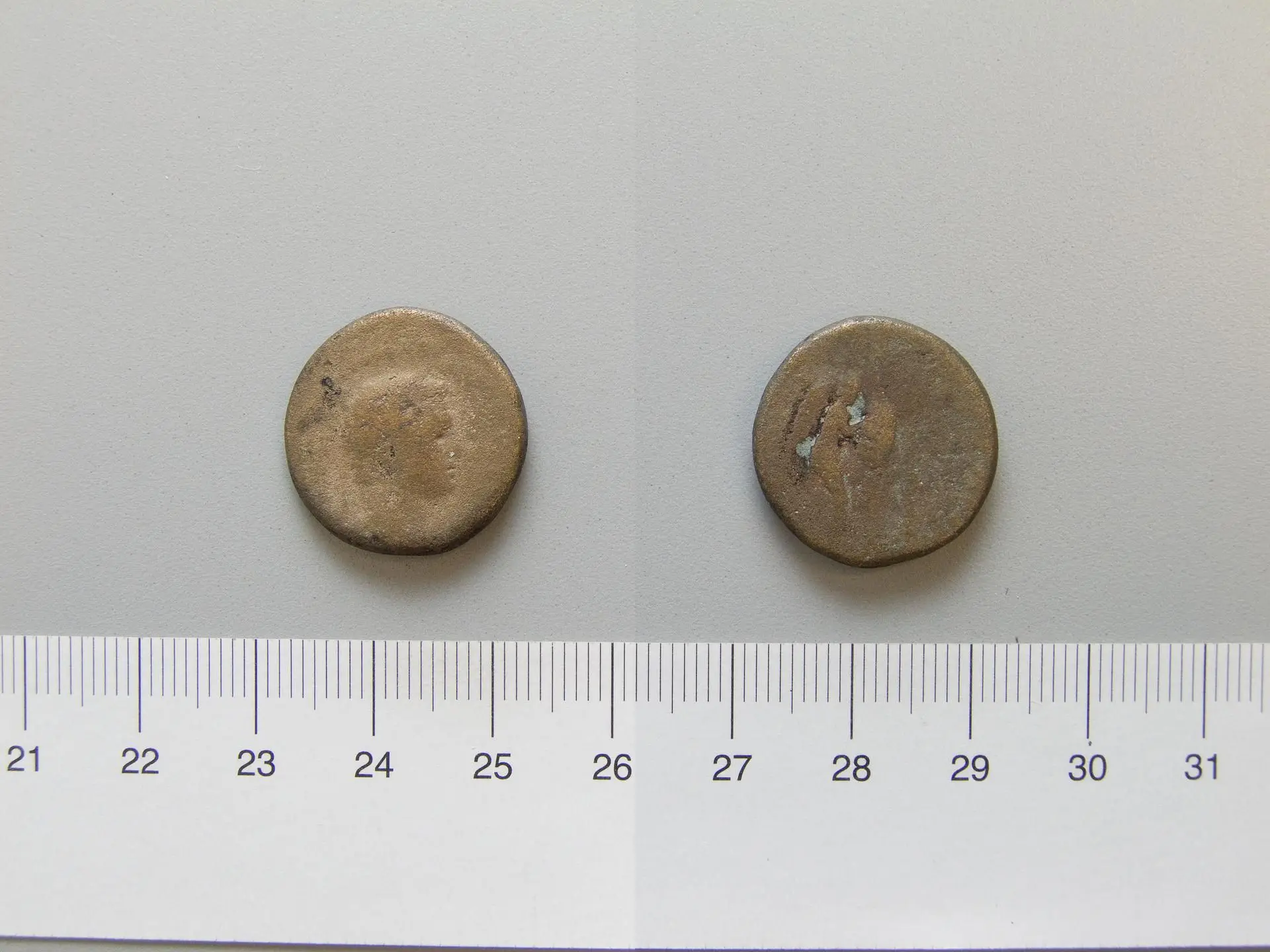 Coin of Vespasian, Emperor of Rome from Caesarea Maritima by Artist: Unknown//Mint: Caesarea Maritima//Honorand: Titus, Emperor of Rome, A.D. 39–81, ruled 79–81//Ruler: Vespasian, Emperor of Rome, A.D. 9–79, ruled A.D. 69–79