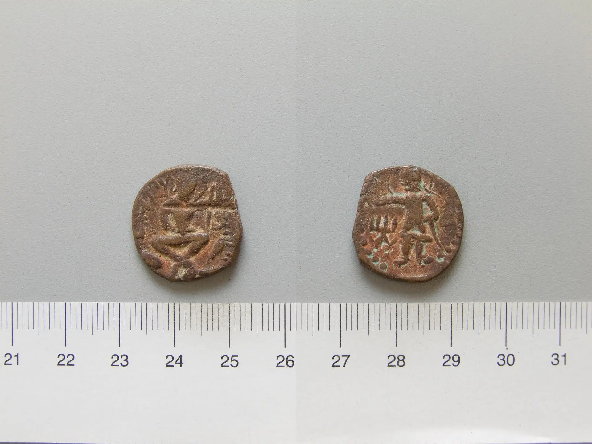Coin of Huvishka, King of Bactria from Bactria by Artist: Unknown//Mint: Bactria//Ruler: Huvishka, Emperor of the Kushan Empire, ruled 150–180