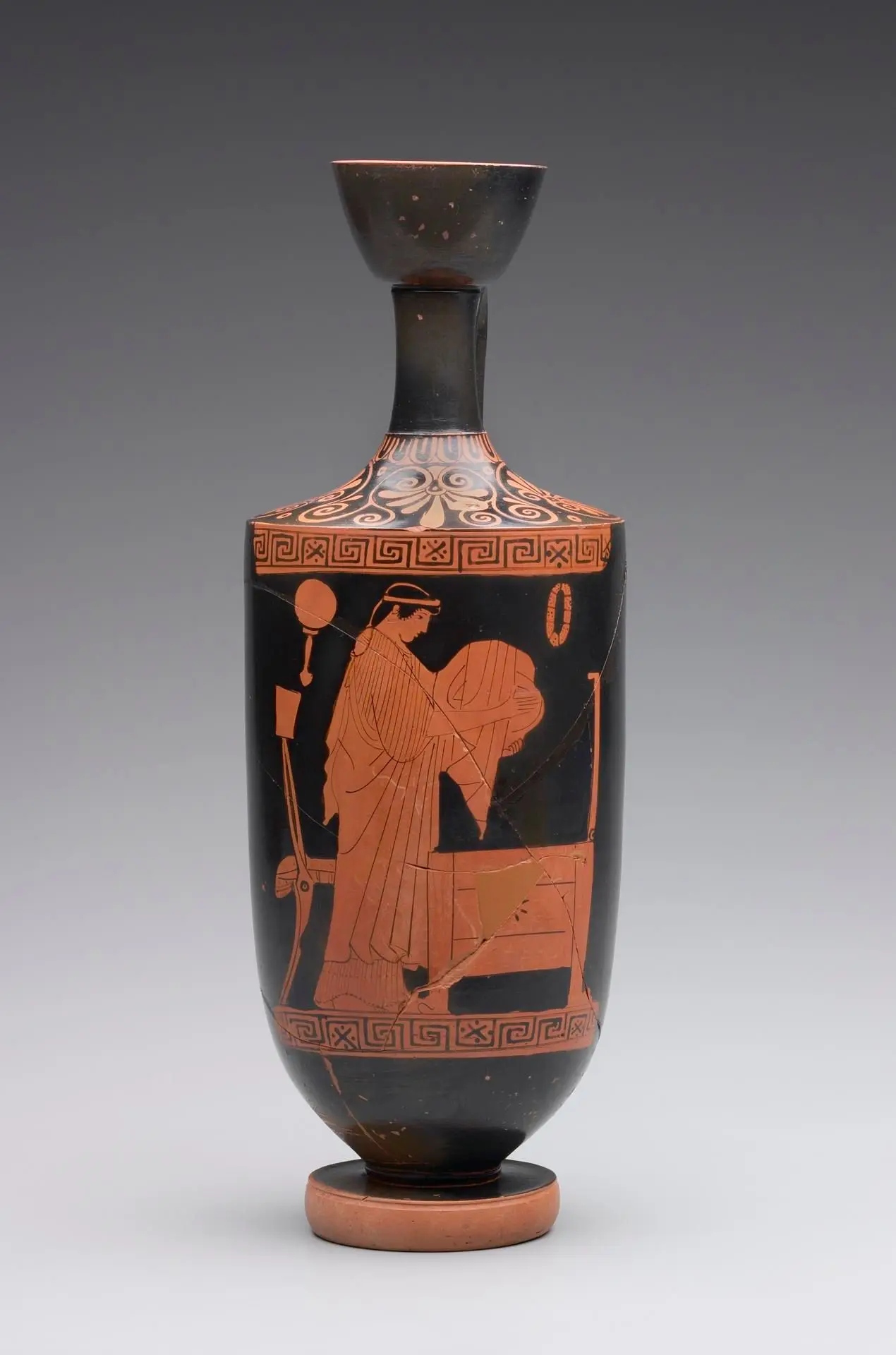Lekythos showing a Domestic Scene by Artist: Painter of the Yale Lekythos (name vase)