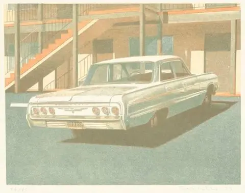 Four Chevies (car at motel) by Artist: Robert Bechtle