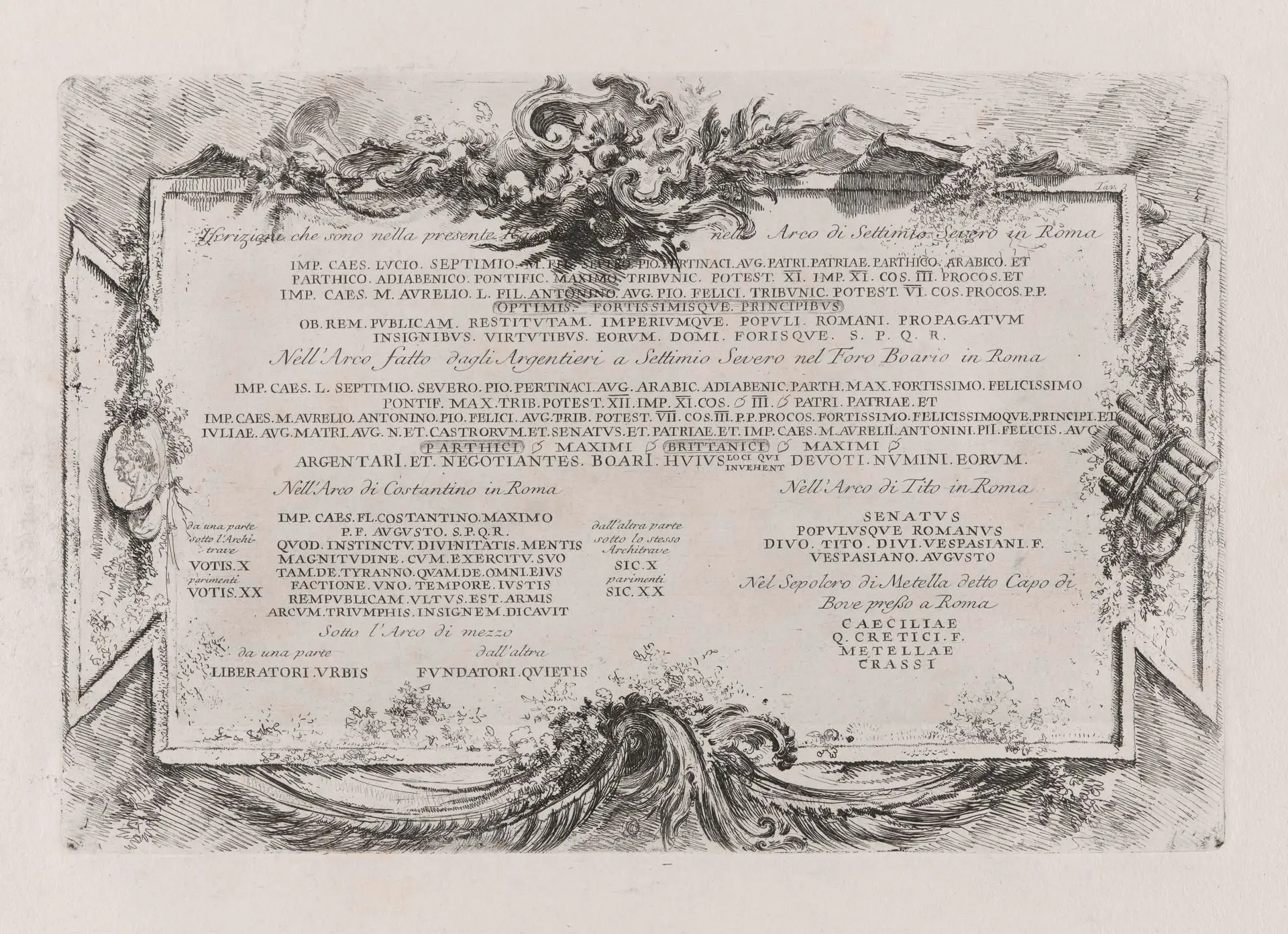 Transcription of various ancient Latin inscriptions, from Alcune Vedute di Archi Trionfali ed altri monumenti inalzati da Romani parte de quali se veggono in Roma e parte per l'Italia (Some Views of Triumphal Arches and Other Monuments Erected by the Romans Some of Which Are in Rome and Some Elsewhere in Italy) by Artist: Giovanni Battista Piranesi