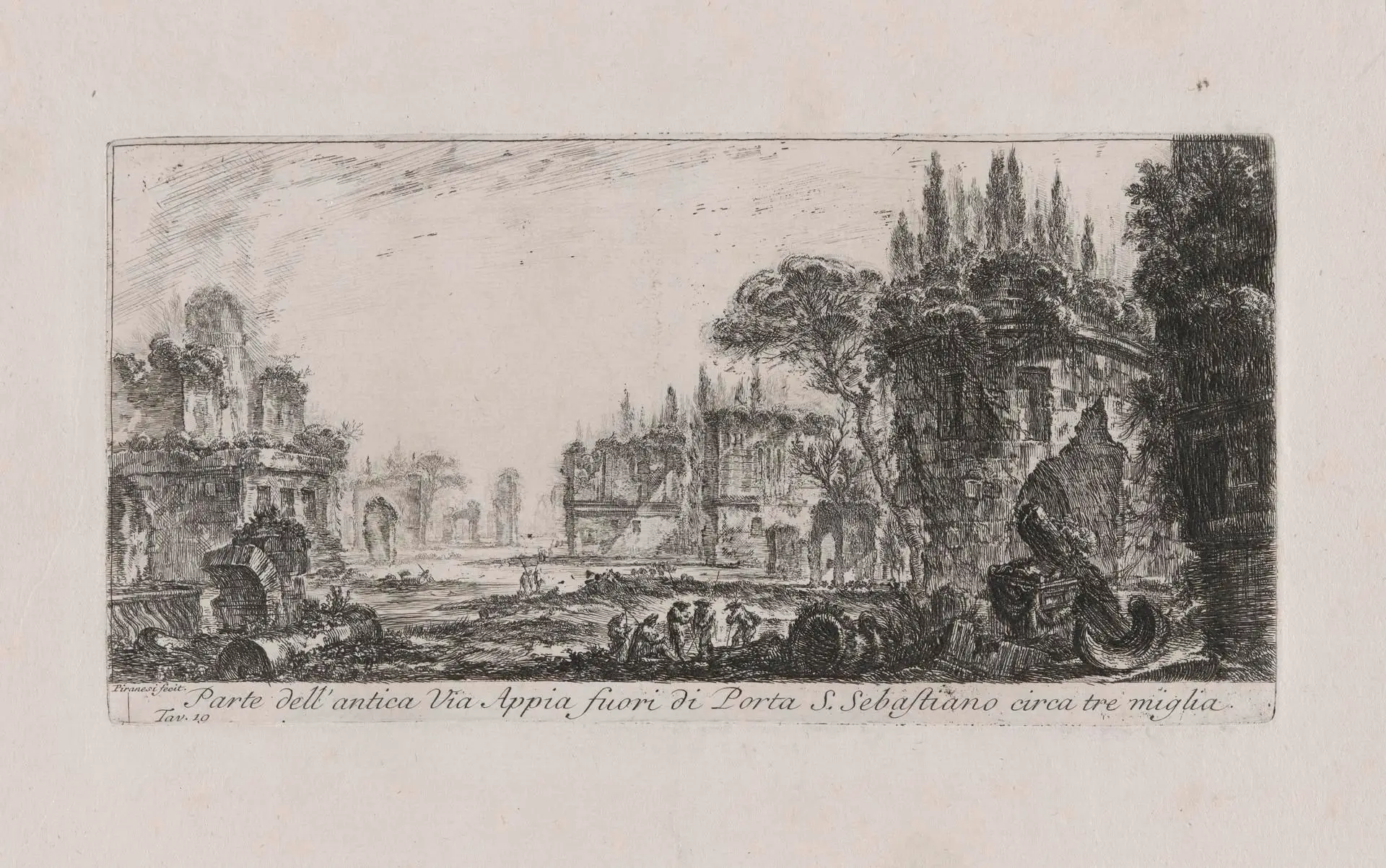 Tav. 19 Parte dell'antica Via Appia fuori di Porta S. Sebastiano circa tre miglia (Pl. 19 Part of the Ancient Appian Way Outside Porta San Sebastiano about Three Miles), from Alcune Vedute di Archi Trionfali ed altri monumenti inalzati da Romani parte de quali se veggono in Roma e parte per l'Italia (Some Views of Triumphal Arches and Other Monuments Erected by the Romans Some of Which Are in Rome and Some Elsewhere in Italy) by Artist: Giovanni Battista Piranesi