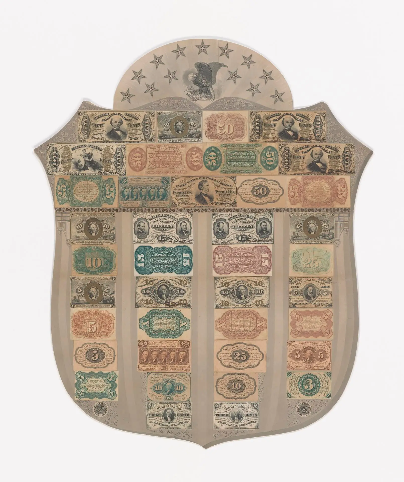 Paper currency mounted on a decorative paper shaped shield by Manufacturer: American Bank Note Company