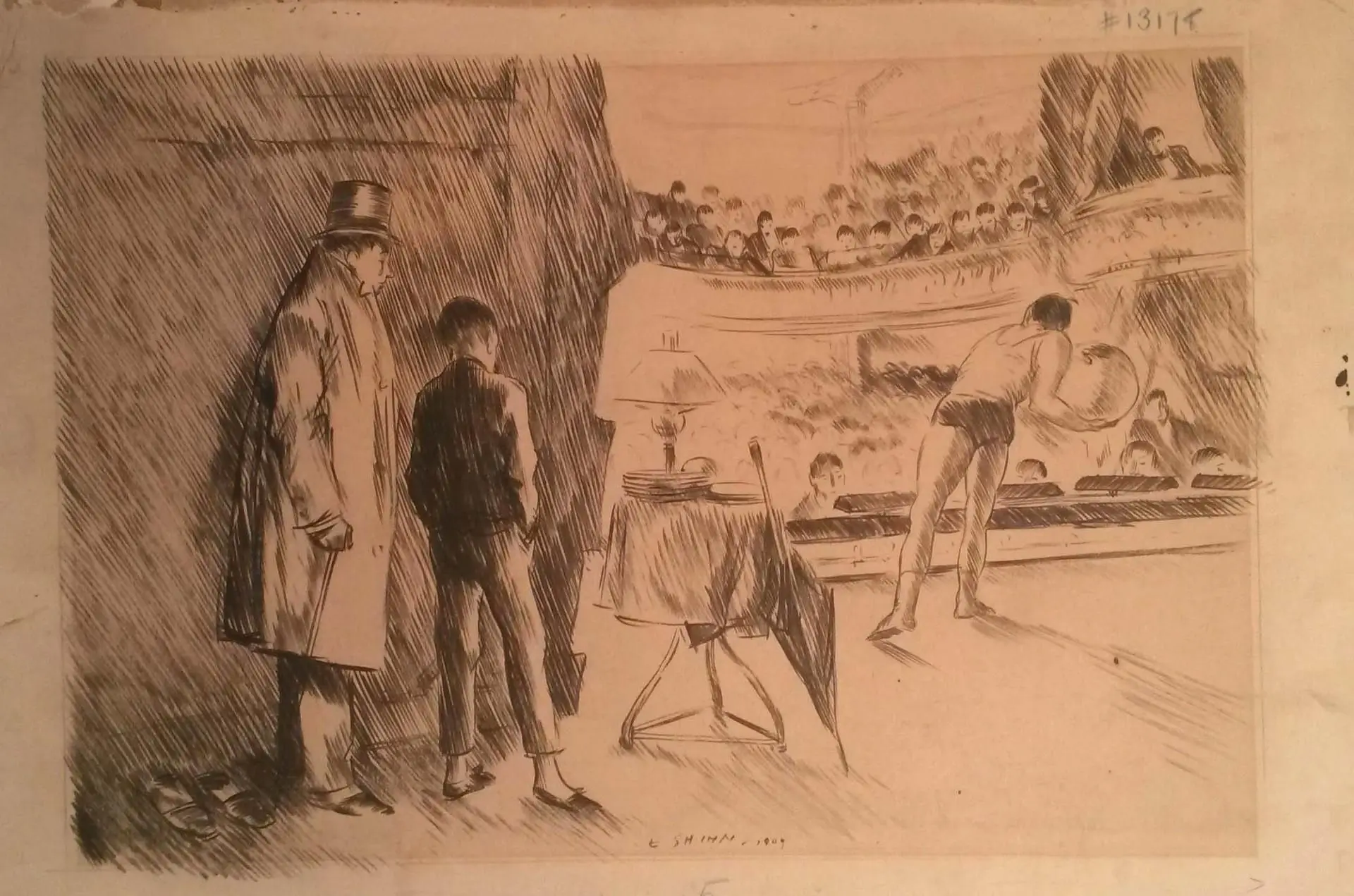 Theater scene (recto); Theater scene with pseudo-Asian calligraphy in margins (verso) by Artist: Everett Shinn