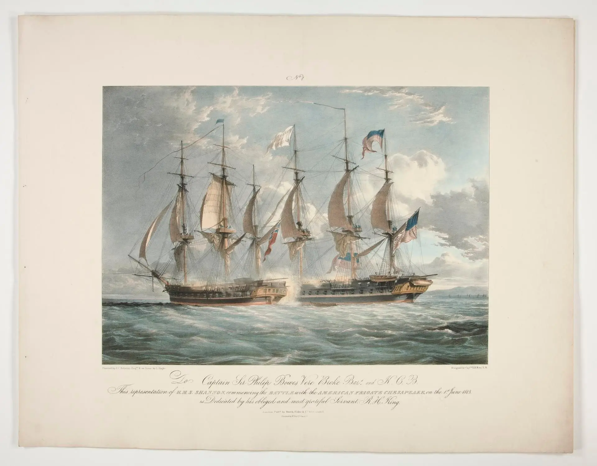 Chesapeake and Shannon. Bound set of four views of the naval battle; a portrait of Sir Philip Vere Broke; and a table of the battle and text - all within the original covers by Artist: L. Haghe (American)//After: J. C. Schetkey (American)