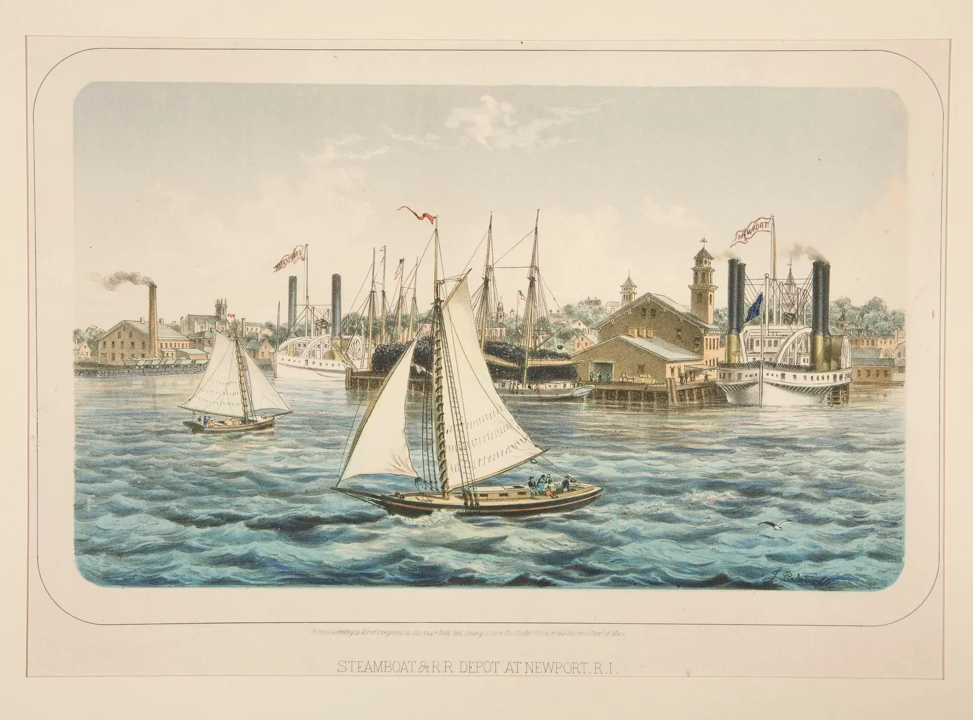 Steamboat & R.R. Depot at Newport, R.I. by Lithographer: Unknown//Publisher: L. Prang & Co.