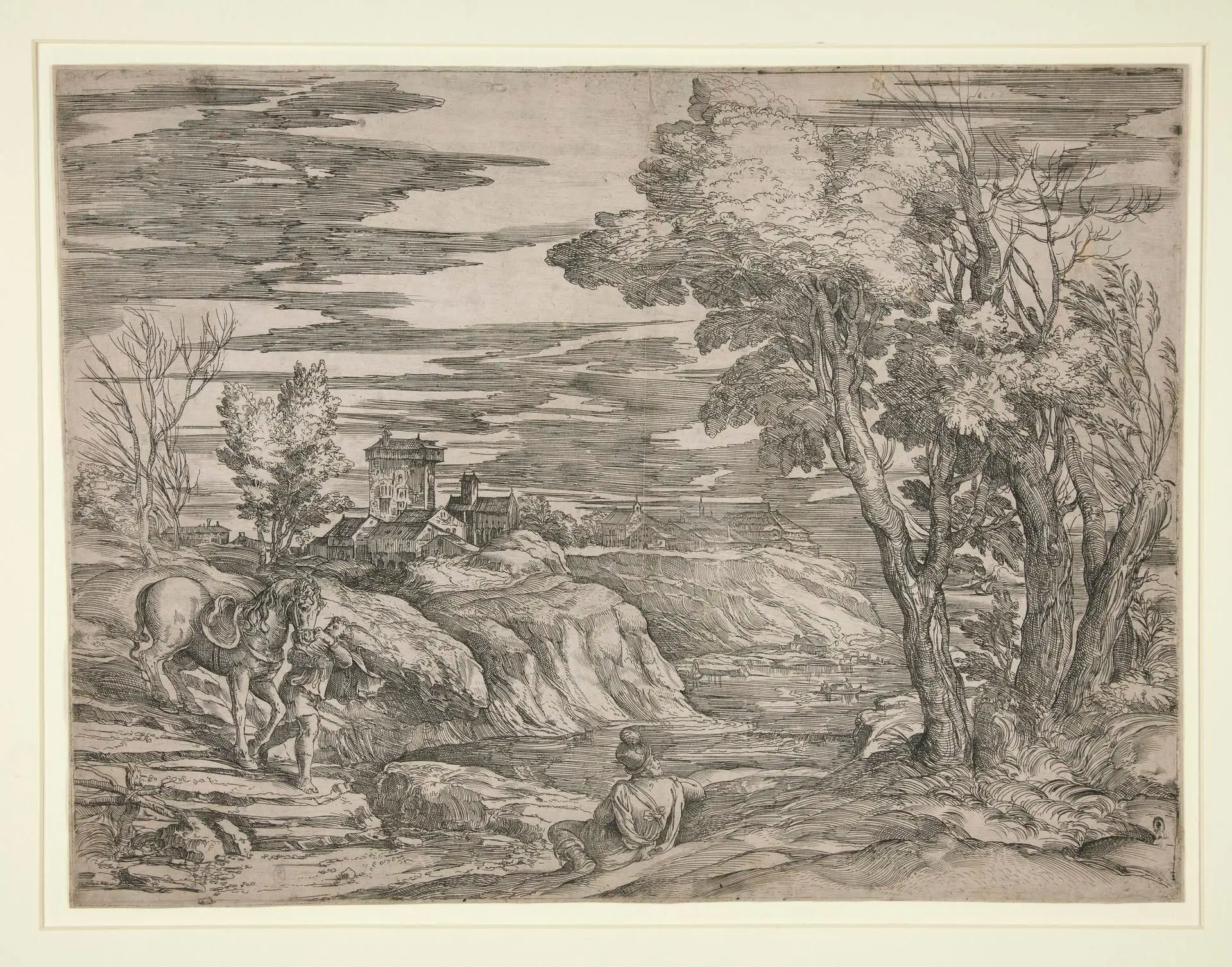 River landscape with a Boy Leading a Horse, a Man Seated in the Foreground by Etcher: (School of) Titian (Tiziano Vecellio)